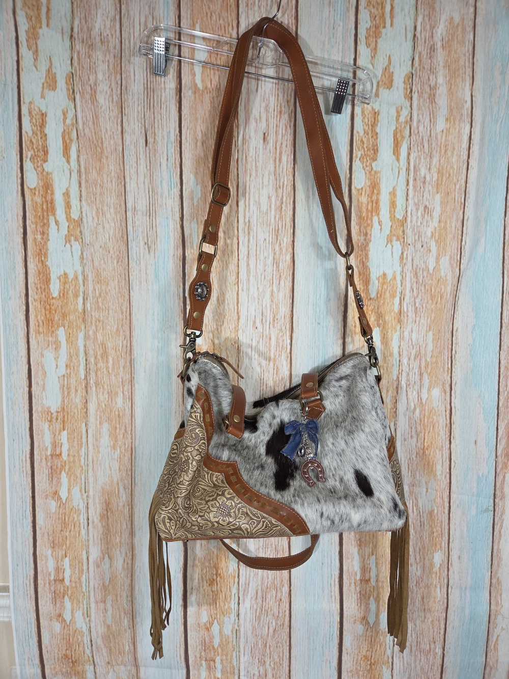 Myra Bag Leather and Haircalf Detailing Concealed Carry Bag in Brown and White - Picture 8 of 9